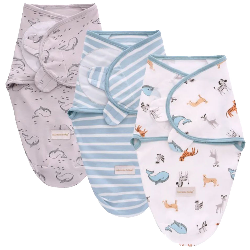 Miracle Baby - 3pc-Set - 100% Cotton Baby Swaddle Wrap Sleeping Bag - Blue