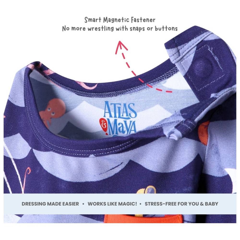 Atlas & Maya - Iconic Long Sleeve Magnetic Bodysuit With Pocket - Ocean Snuggles