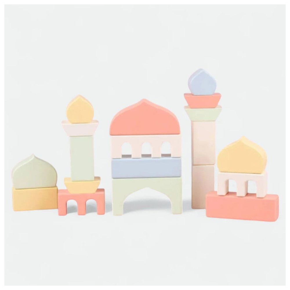 أطلس ومايا - مكعبات بناء مسجد - لعبة إسلامية - مسجد بألوان الباستيل - مجموعة من 19 قطعة