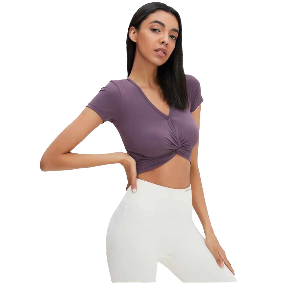 كون - بلوزة قصيرة نسائية بأكمام قصيرة وياقة V ملتوية - بنفسجي
