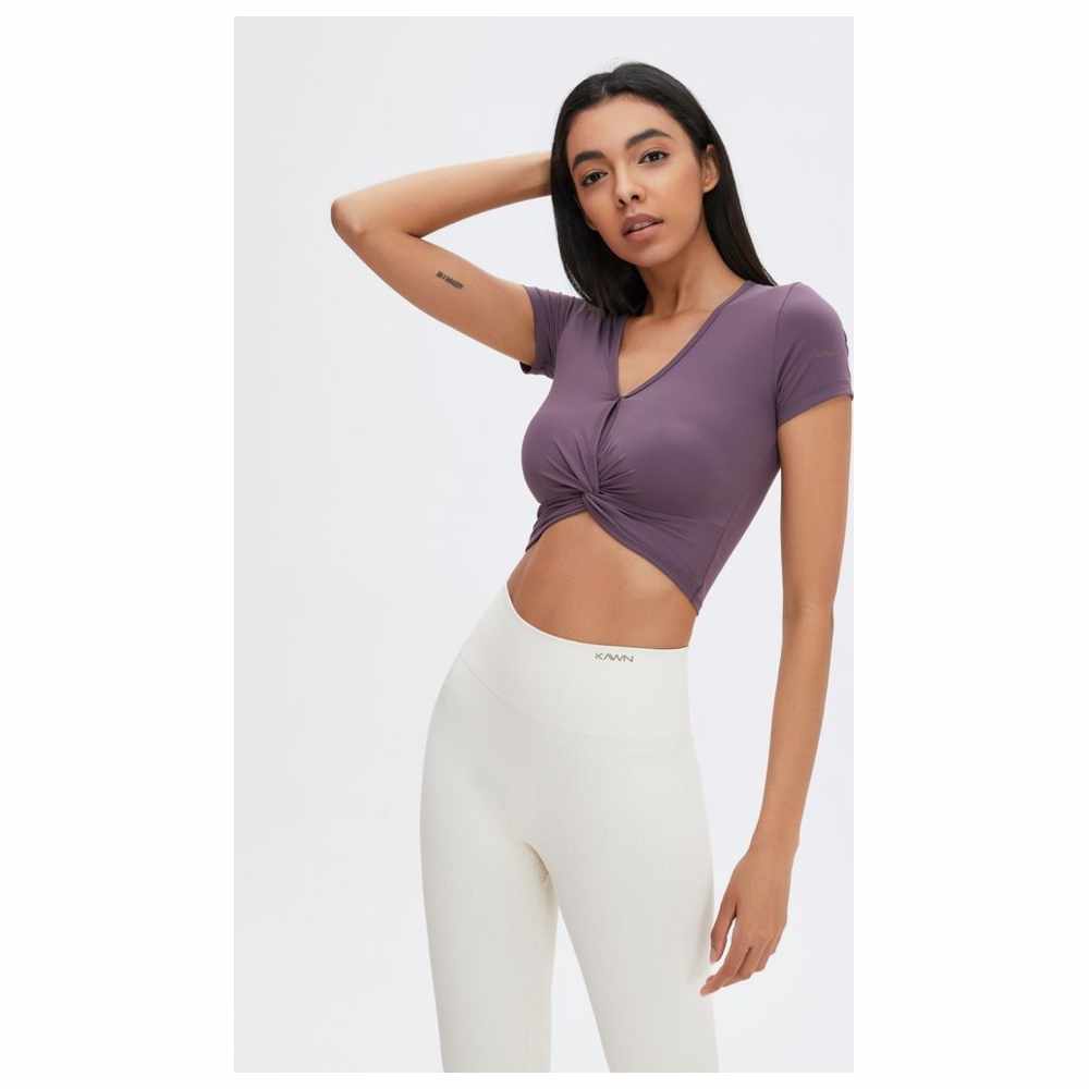 كون - بلوزة قصيرة نسائية بأكمام قصيرة وياقة V ملتوية - بنفسجي