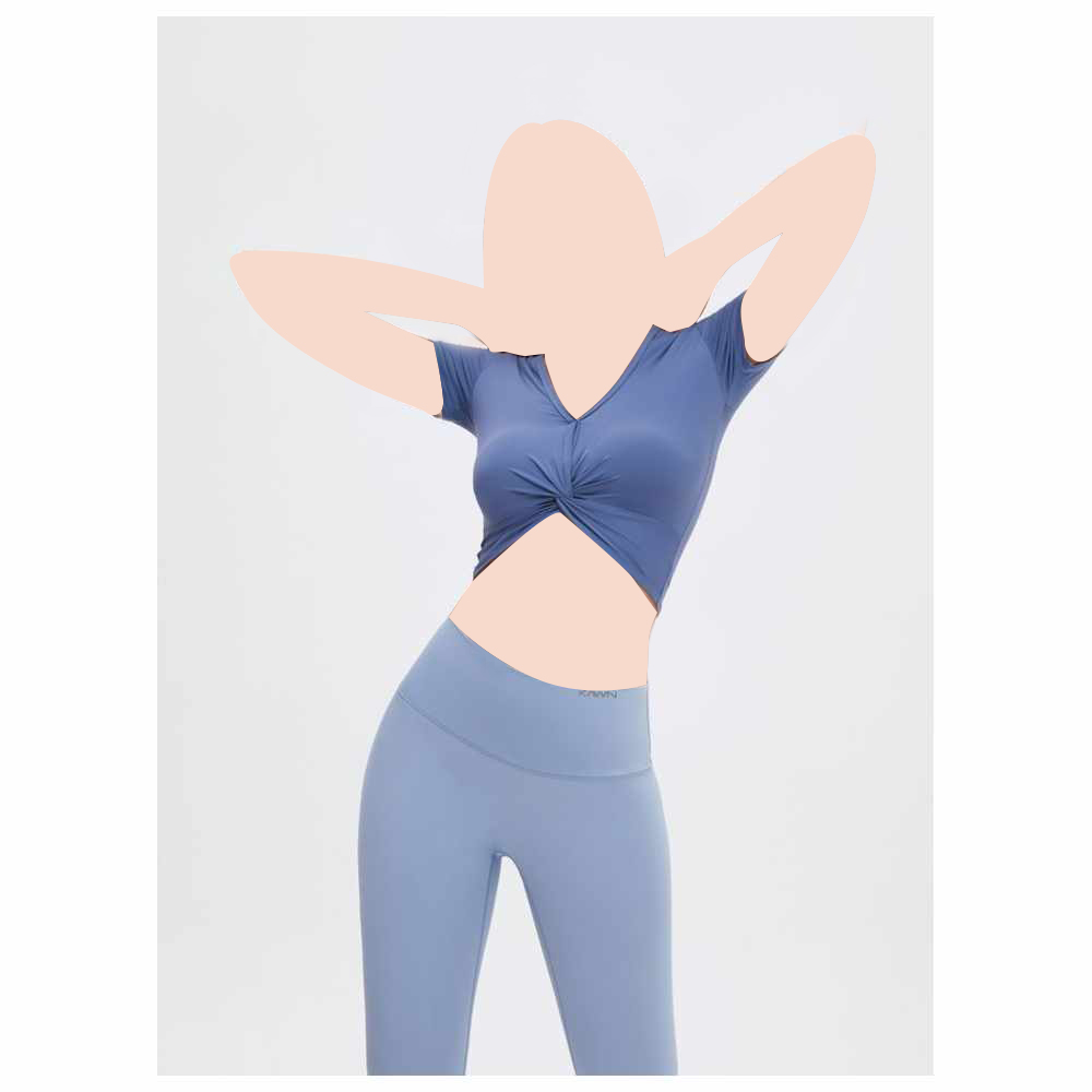 كون - بلوزة قصيرة نسائية بأكمام قصيرة وياقة V ملتوية - أزرق