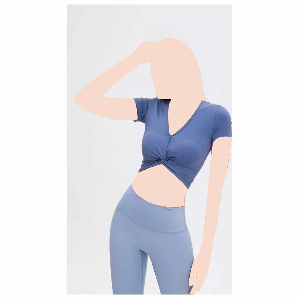 كون - بلوزة قصيرة نسائية بأكمام قصيرة وياقة V ملتوية - أزرق