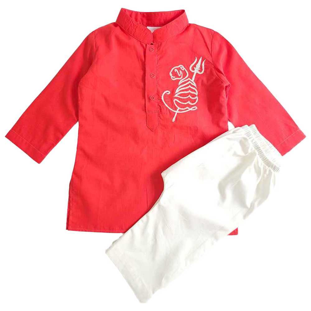 Keebee - 2pc-Set - Organic Cotton Tiger Embroidered Kurta & Patiala Pants