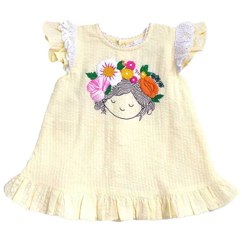 Keebee - Organic Cotton Hand Embroidered Blossom Dress - Yellow