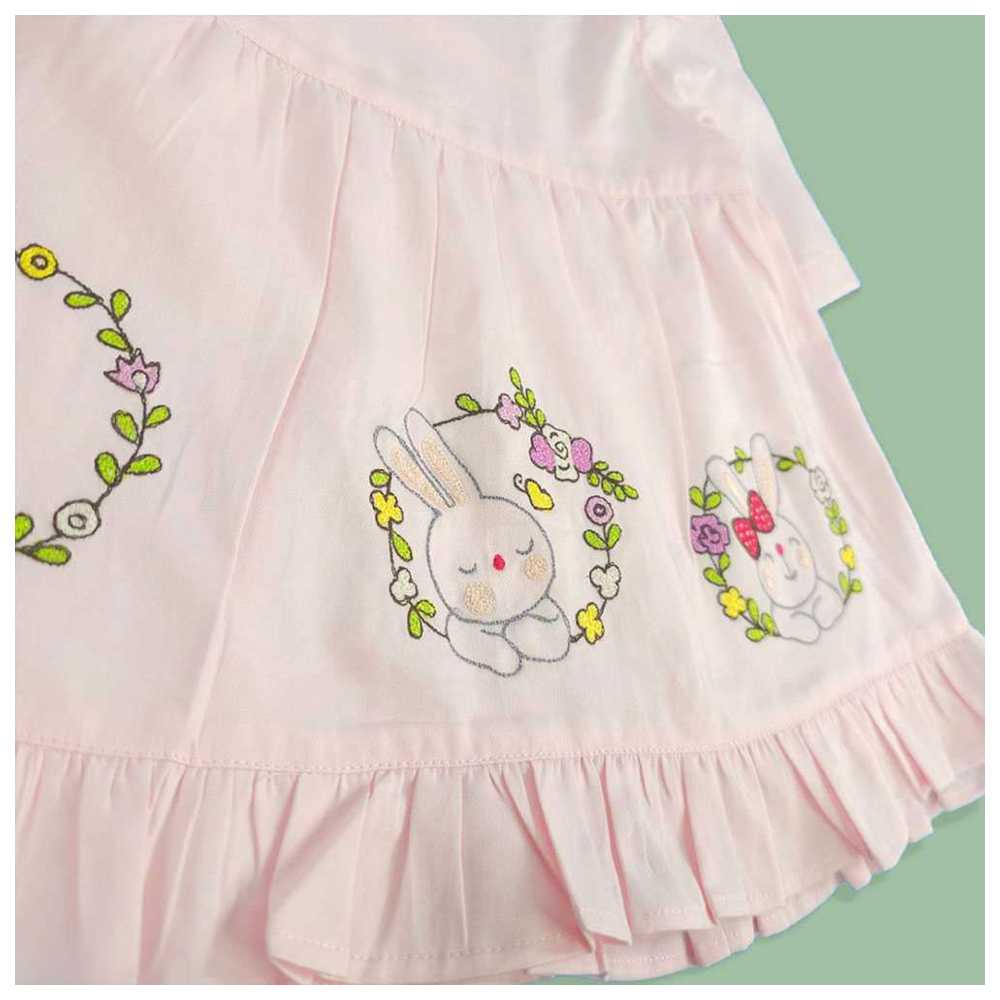 Keebee - Organic Cotton Rabbits Embroidered Wrap Dress - Pink