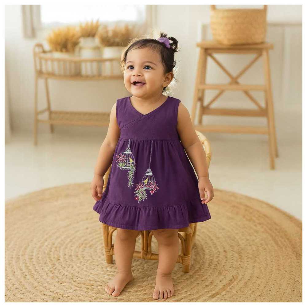Keebee - Organic Cotton Birdcages Embroidered Wrap Dress - Purple