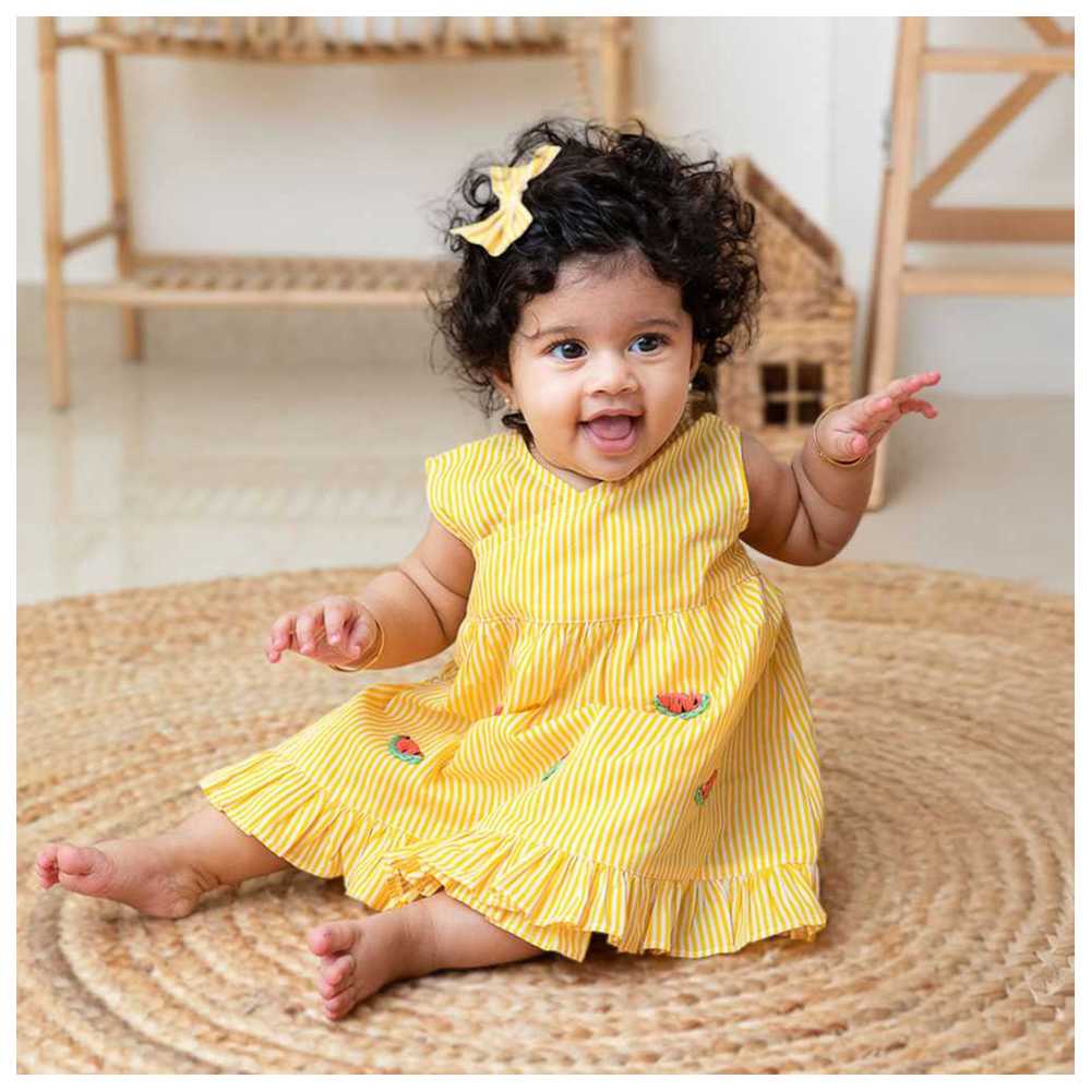 Keebee - Organic Cotton Watermelon Embroidered Striped Dress - Yellow