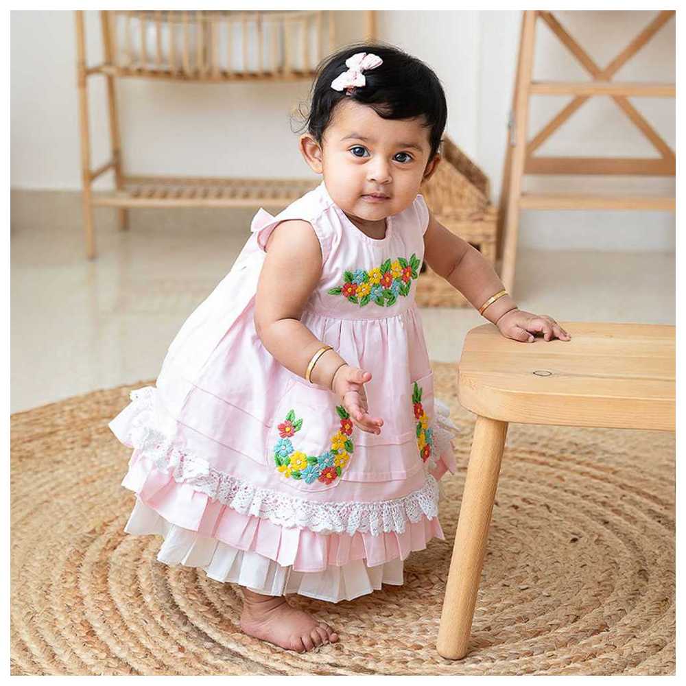 Keebee - Organic Cotton Floral Embroidered Peony Dress - Baby Pink