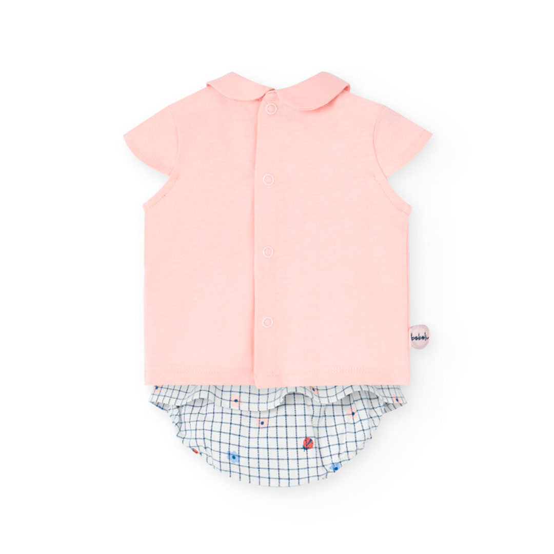 Boboli - 2pc-Set - Baby Girl's Ladybird Patterned Knitted T-Shirt & Check Shorts - Pink