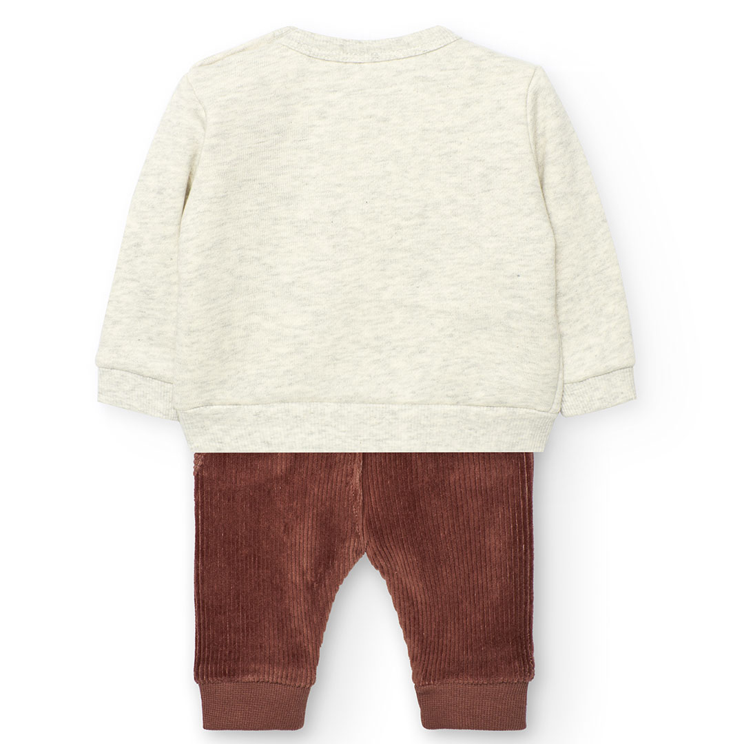 بوبولي - طقم تي شيرت محبوك مطبوع أرنب مع بنطال - كريمي - قطعتين