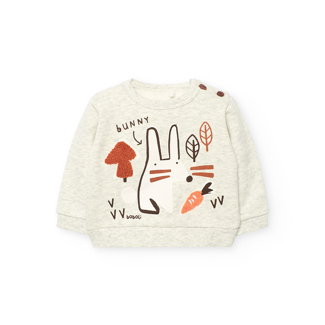 بوبولي - طقم تي شيرت محبوك مطبوع أرنب مع بنطال - كريمي - قطعتين