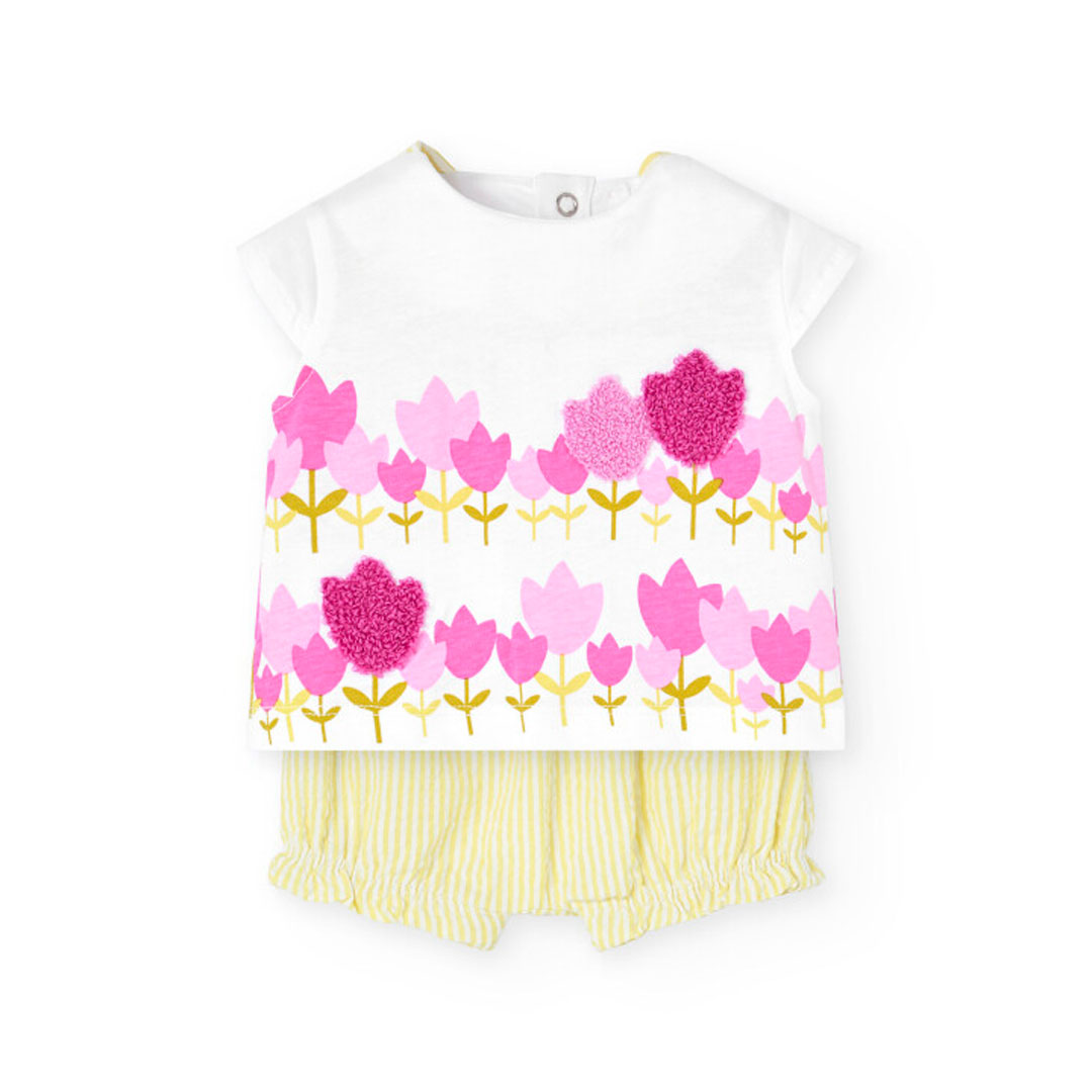 بوبولي - طقم بلوزة محبوك مطبوع زهور مع شورت - أبيض - قطعتين