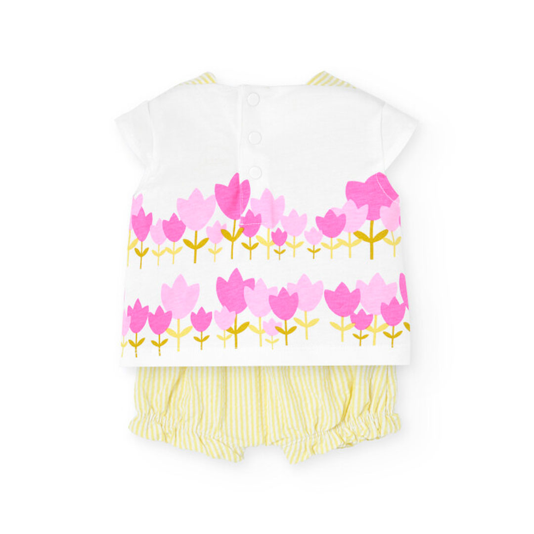 بوبولي - طقم بلوزة محبوك مطبوع زهور مع شورت - أبيض - قطعتين