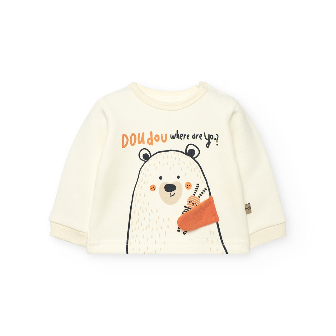 بوبولي - طقم تي شيرت بأكمام طويلة مطبوع دب مع بنطال - أبيض - قطعتين