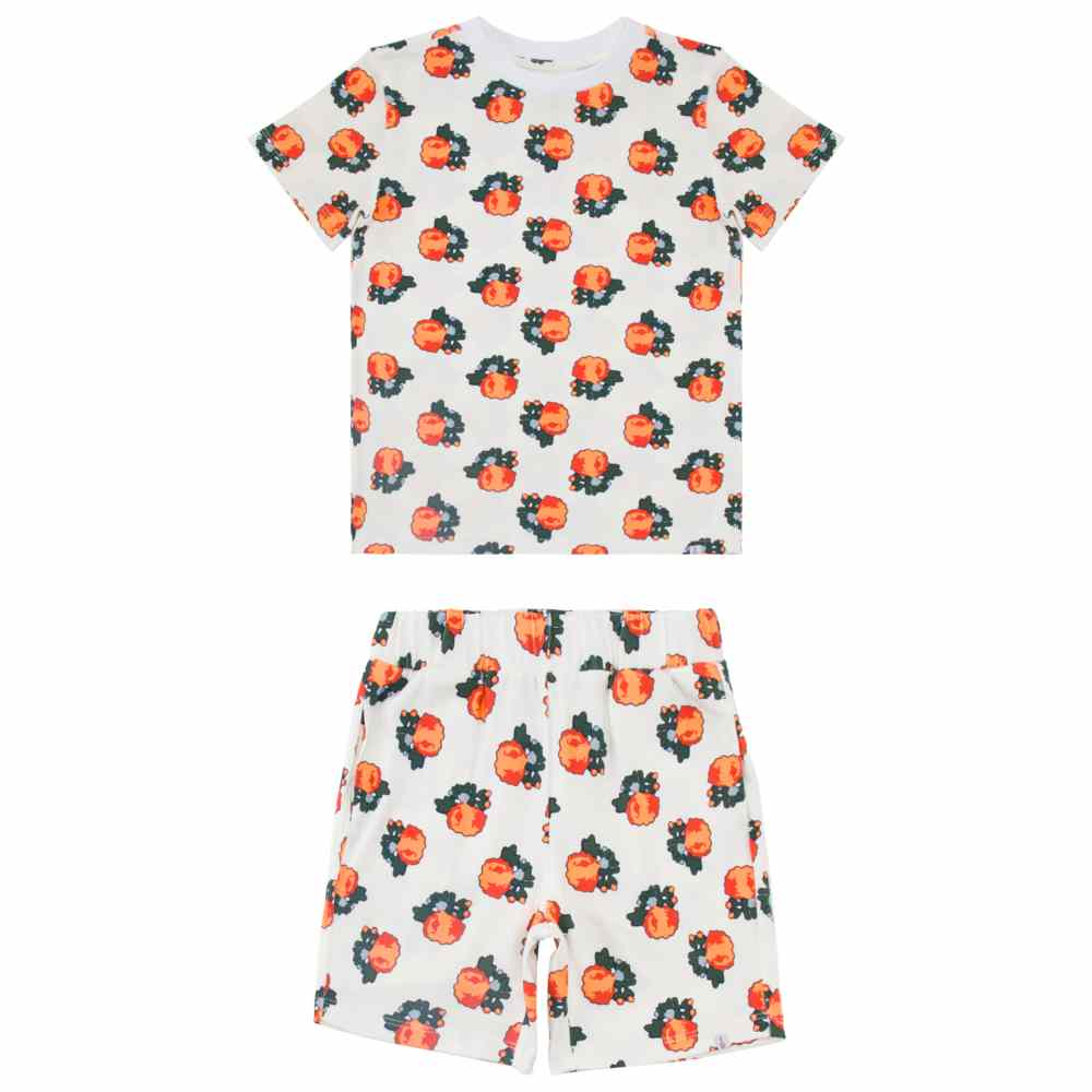 Thoub Saghiri - 2pc-Set - Girl's Printed T-Shirt & Shorts - White/Peach