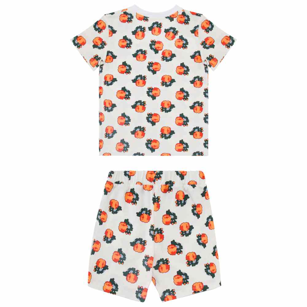 Thoub Saghiri - 2pc-Set - Girl's Printed T-Shirt & Shorts - White/Peach