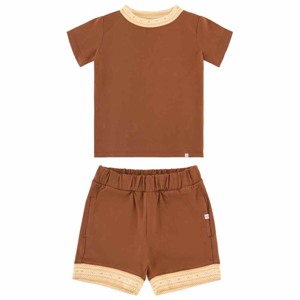 ثوب صغيري - طقم قطعتين - تي شيرت وشورت - بني