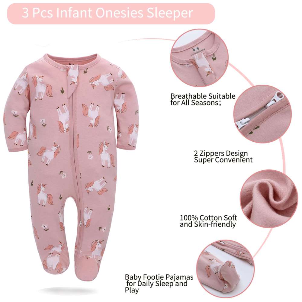 ميراكل بيبي - طقم من 3 قطع - رومبر بأكمام طويلة من القطن 100% للبنات - وردي