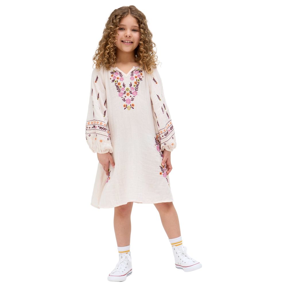 Raffya Kids - Girl's Full Sleeves Placement Embroidered Dress - Cream