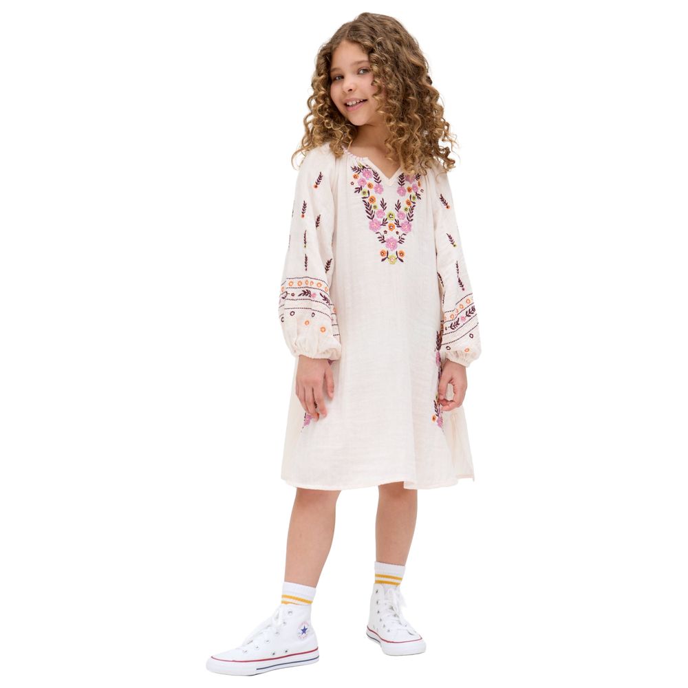 Raffya Kids - Girl's Full Sleeves Placement Embroidered Dress - Cream