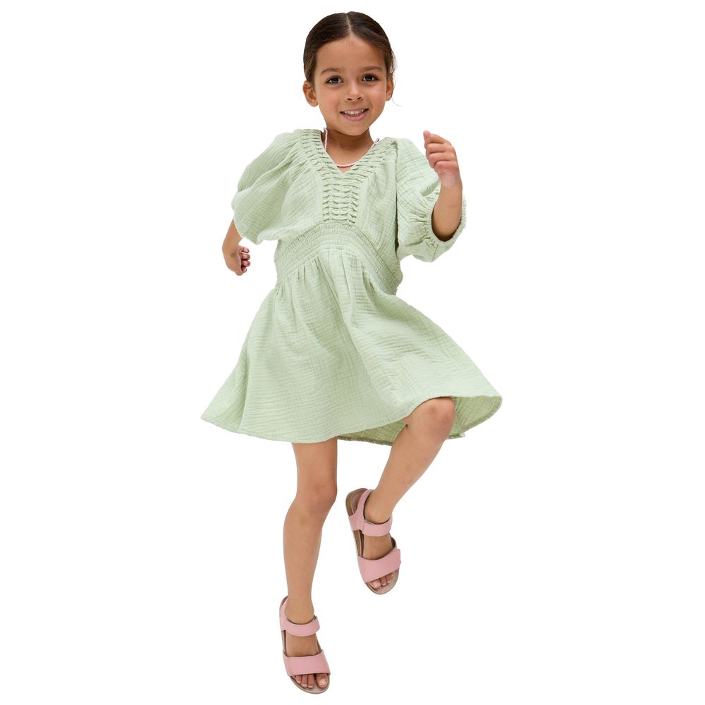 Raffya Kids - Girl's Soipoi Ruched V-Neck Dress - Green