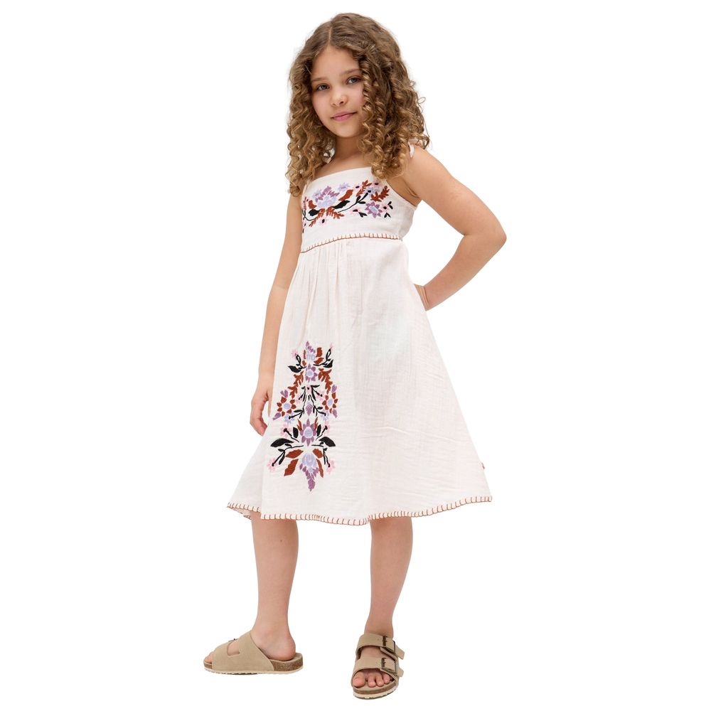 Raffya Kids - Girl's Furla Smocked Panel Embroidered Dress - Cream