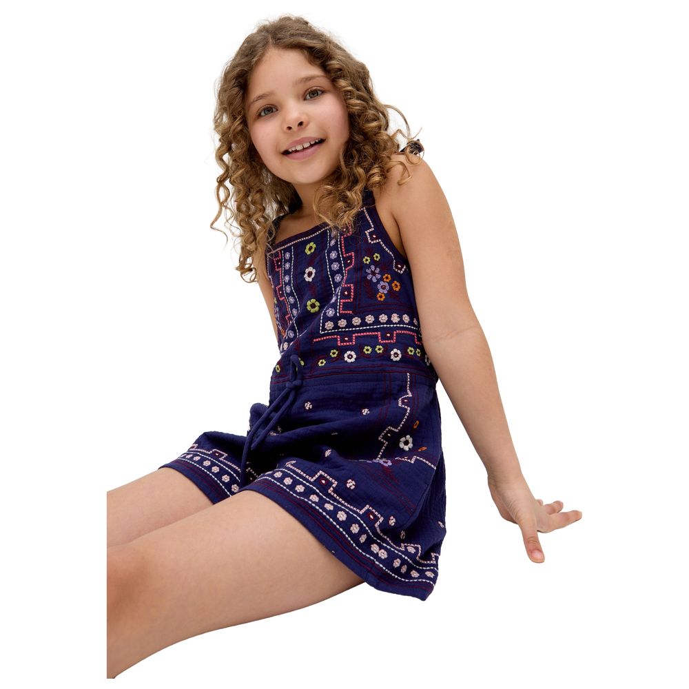 Raffya Kids - Girl's Sailor Necktie All Over Embroidered Playsuit - Navy