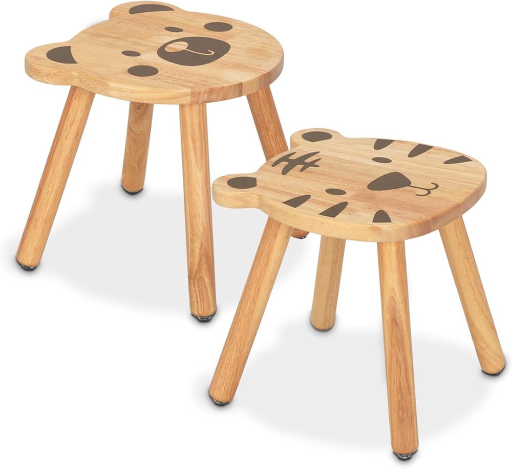Oook - Kids' Bear And Tiger Printed Stool Set - Brown - 2 Pcs