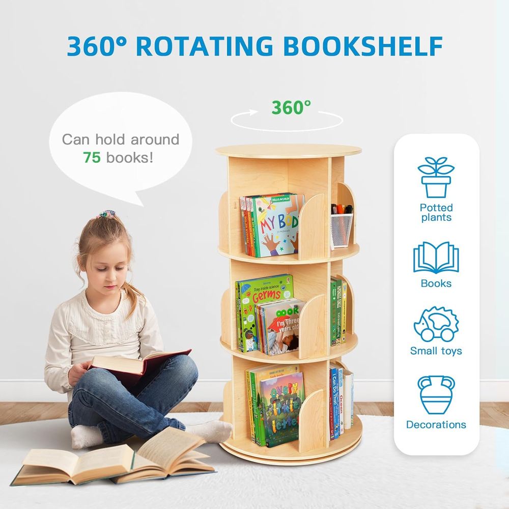 Oook - 3-Tiered Wooden Rotating Bookshelf - Brown