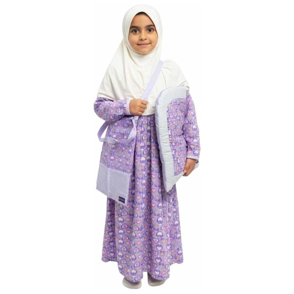 Artemea - 3pc-Set - Printed Girls Prayer Dress With Zipper, Matching Prayer Mat & Bag - Lilac