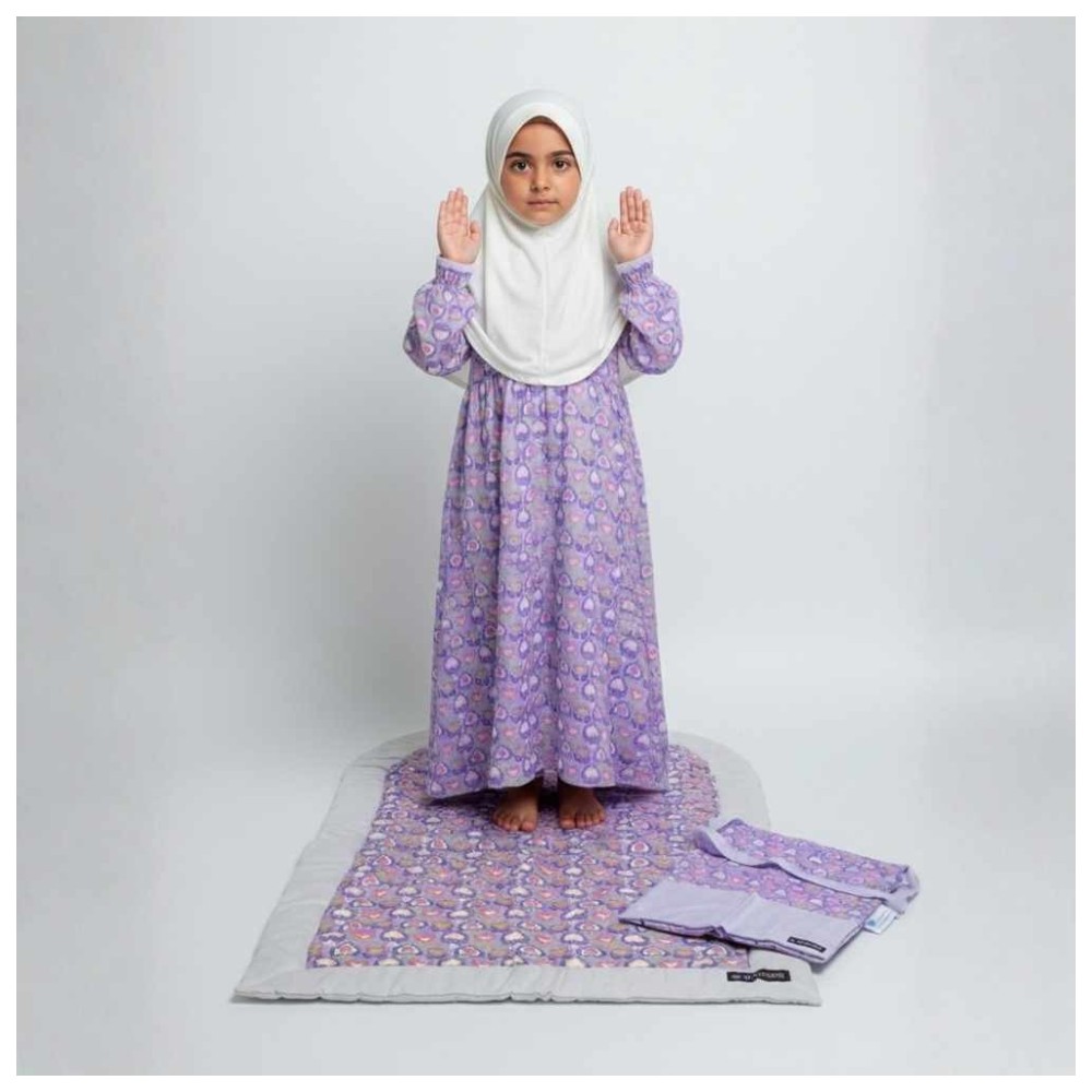 Artemea - 3pc-Set - Printed Girls Prayer Dress With Zipper, Matching Prayer Mat & Bag - Lilac