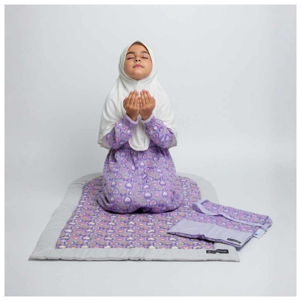 Artemea - 3pc-Set - Printed Girls Prayer Dress With Zipper, Matching Prayer Mat & Bag - Lilac