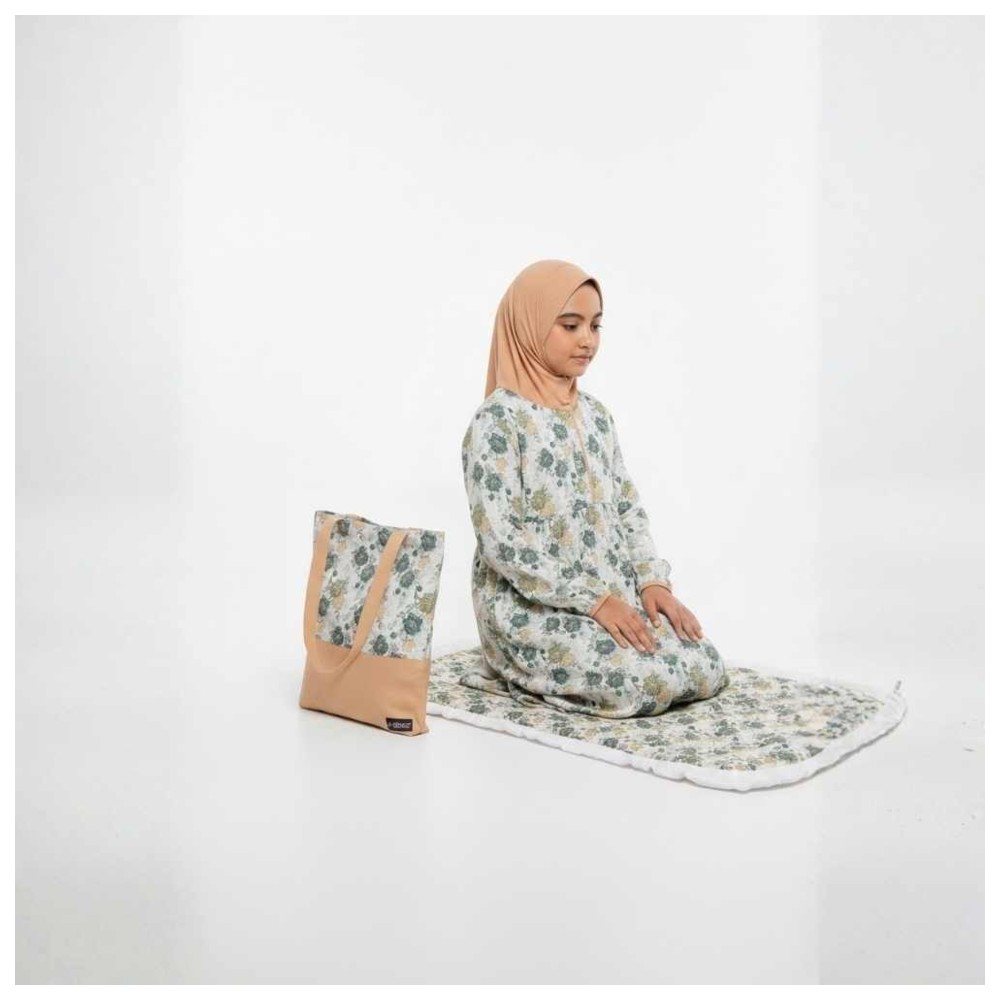 Artemea - 3pc-Set - Printed Girls Prayer Dress With Zipper, Matching Prayer Mat & Bag - Cream