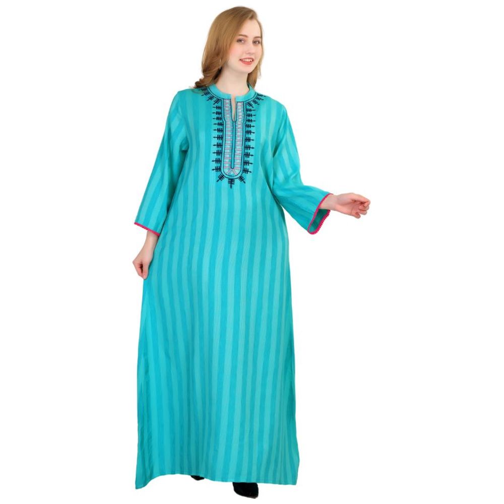 Artemea - Women's Soft Striped Rayon Embroidered Jalabiya - Blue