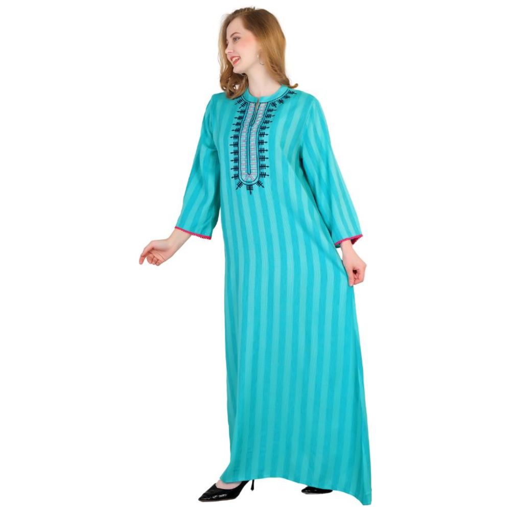 Artemea - Women's Soft Striped Rayon Embroidered Jalabiya - Blue
