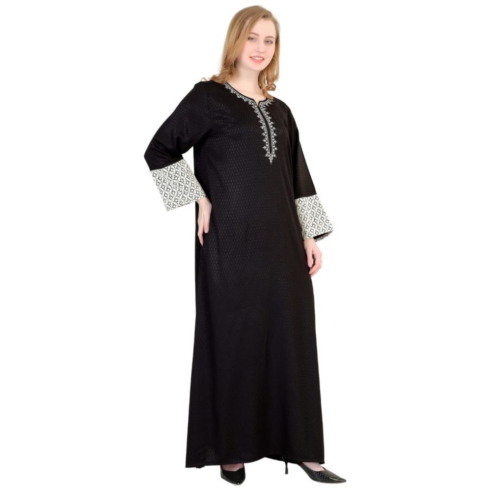 Artemea - Women's Diamond Patterned Rayon Jalabiya With Embroidery & Lace Details On Sleeves - Black