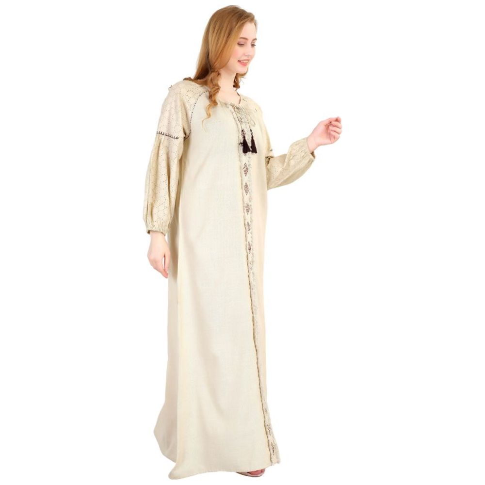 Artemea - Women's Soft Premium Linen Look Cotton Jalabiya With Embroidery & Lace Sleeves - Beige