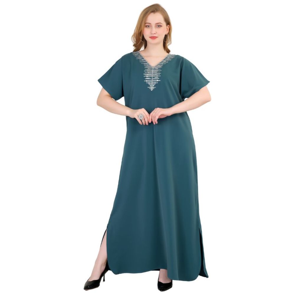 أرتيميا - جلابية نسائية بأكمام قصيرة مطرزة يدويًا بلمسة نهائية من الساتان الناعم اللامع - أزرق