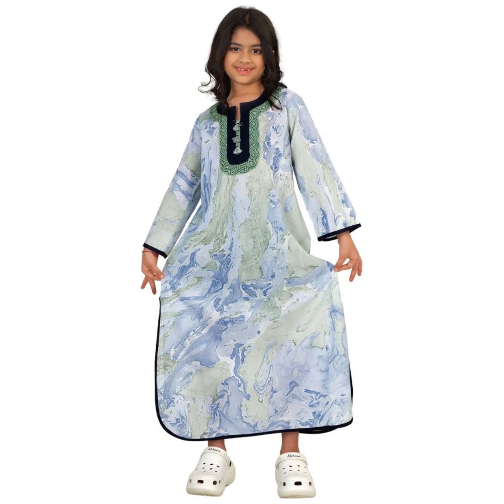 Artemea - Girl's Hand Marble Printed Cotton Embroidered Jalabiya With Side Slit Styling