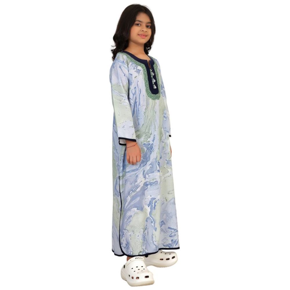 Artemea - Girl's Hand Marble Printed Cotton Embroidered Jalabiya With Side Slit Styling