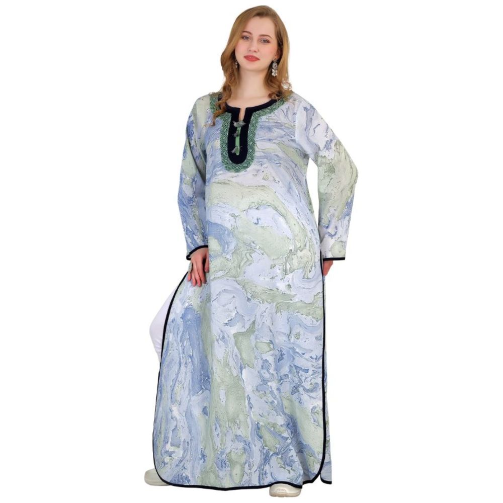 Artemea - Women's Hand Marble Printed Cotton Embroidered Jalabiya With Side Slit Styling
