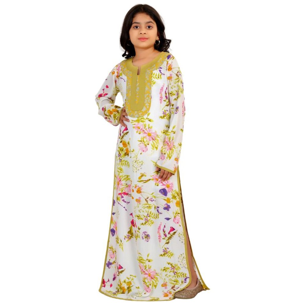 أرتيميا - جلابية بناتية مطرزة بنقشة زهور رقمية مع شق جانبي