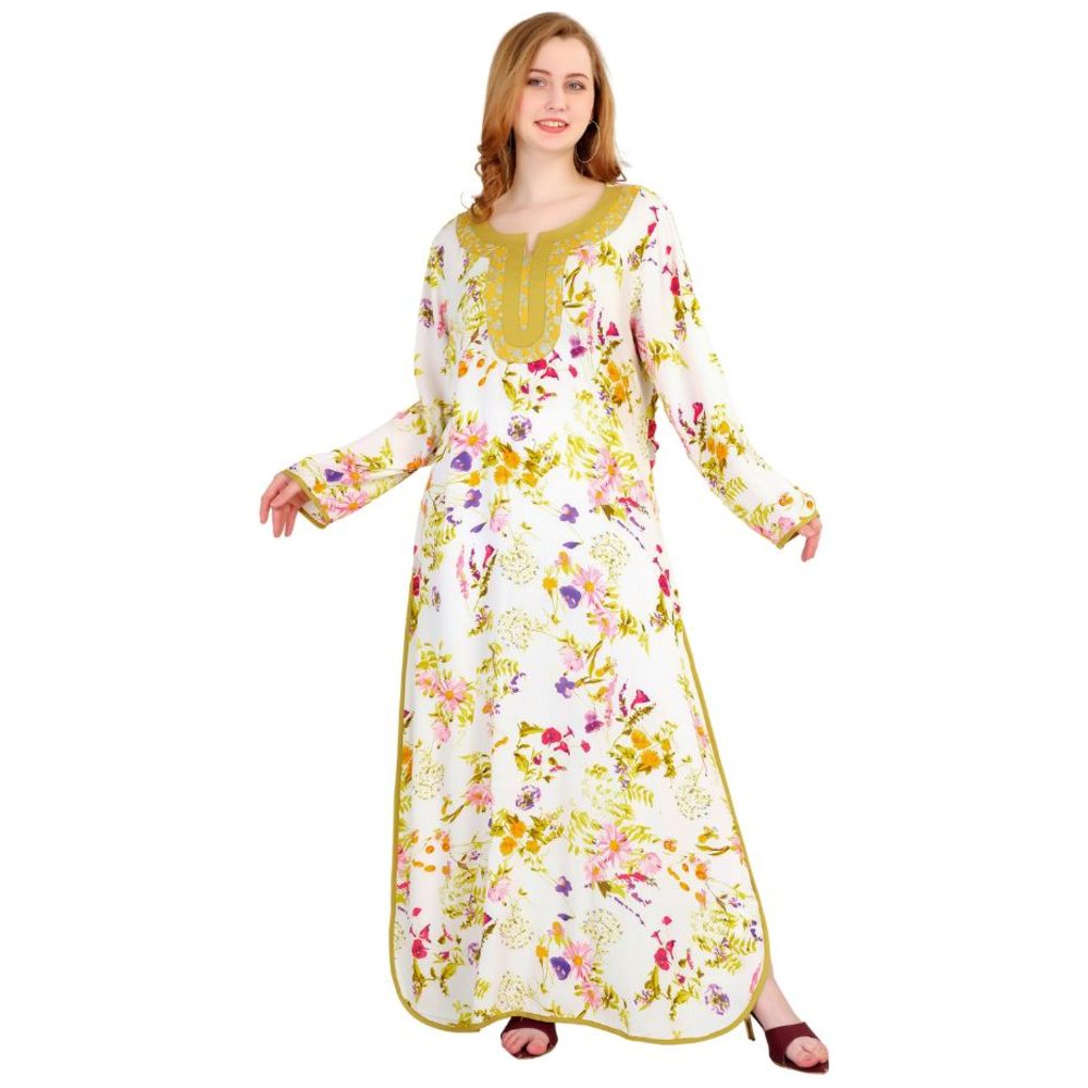 Artemea - Women's Digital Floral Printed Embroidered Jalabiya With Side Slit Styling