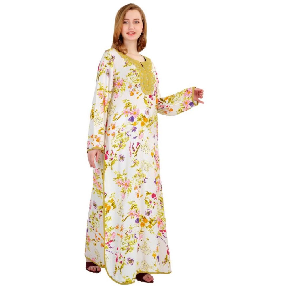 Artemea - Women's Digital Floral Printed Embroidered Jalabiya With Side Slit Styling
