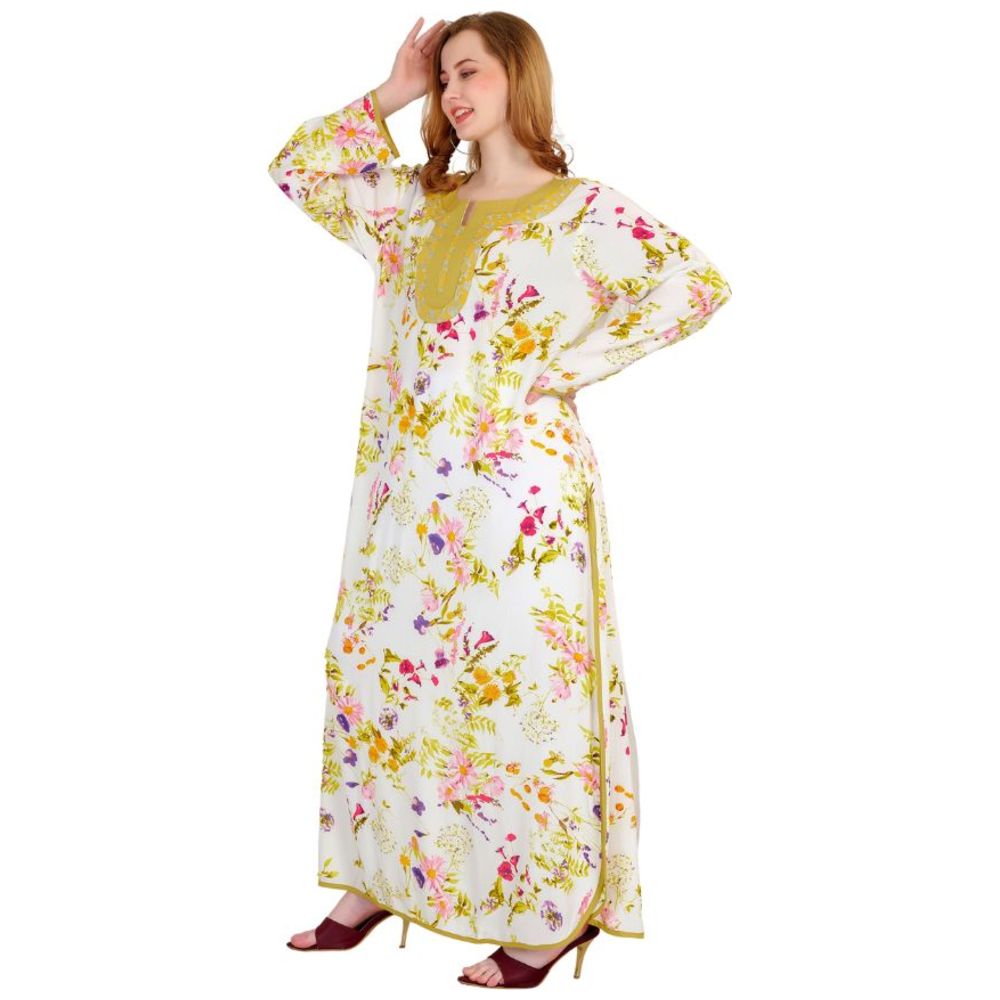 Artemea - Women's Digital Floral Printed Embroidered Jalabiya With Side Slit Styling