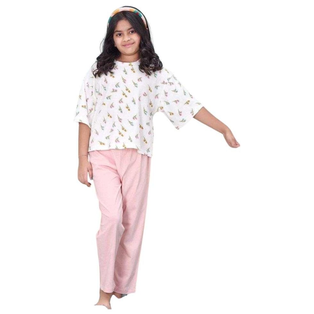 Artemea - 2pc-Set - Floral Printed Girls Premium Boxy T-Shirt And Peach Pajama Set