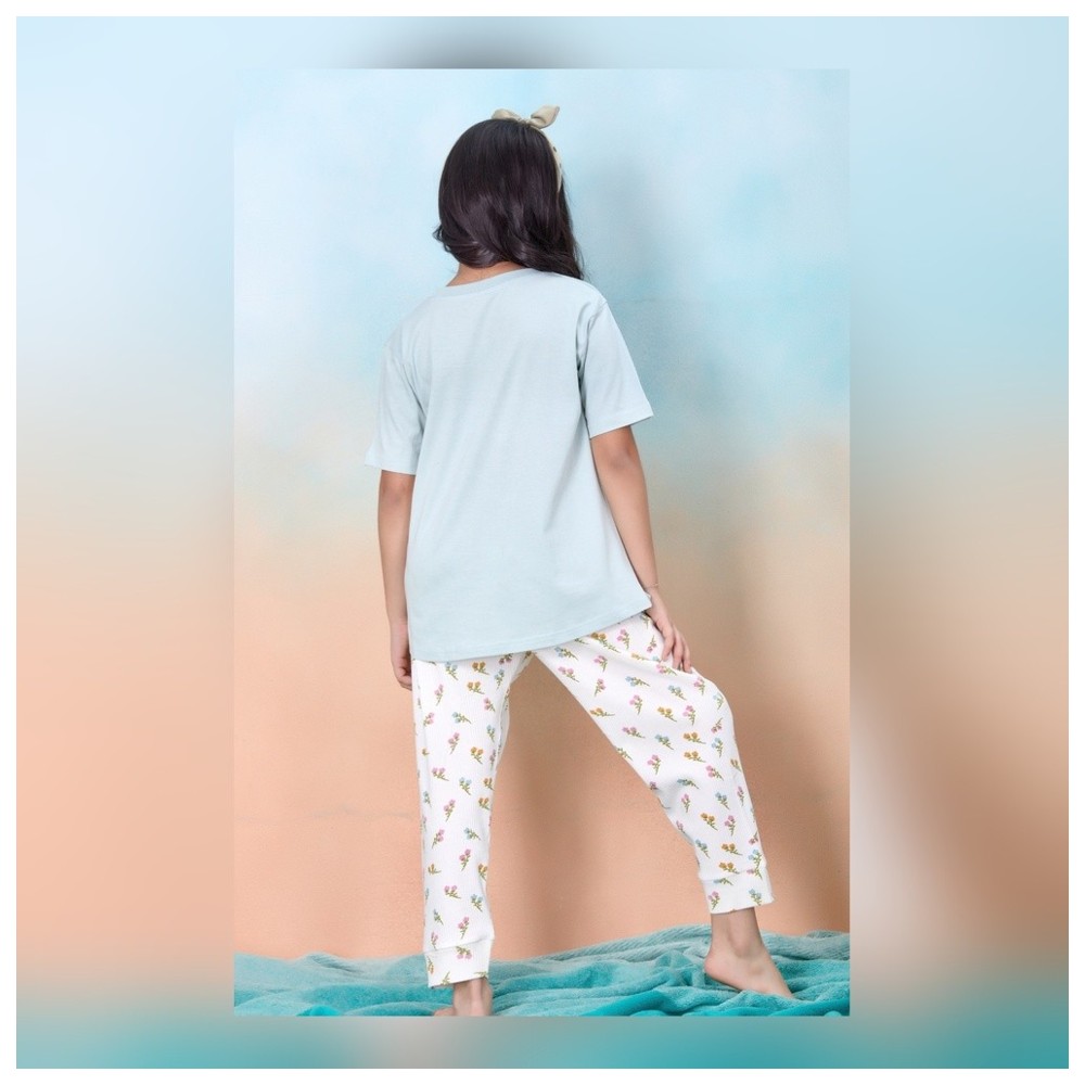 Artemea - 2pc-Set - Flower Printed Girls Premium Mint Boxy T-Shirt & Floral Printed Pajama Set