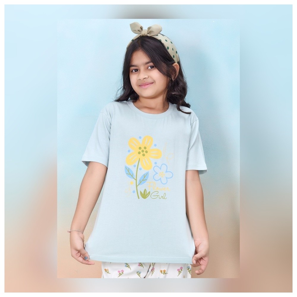 Artemea - 2pc-Set - Flower Printed Girls Premium Mint Boxy T-Shirt & Floral Printed Pajama Set