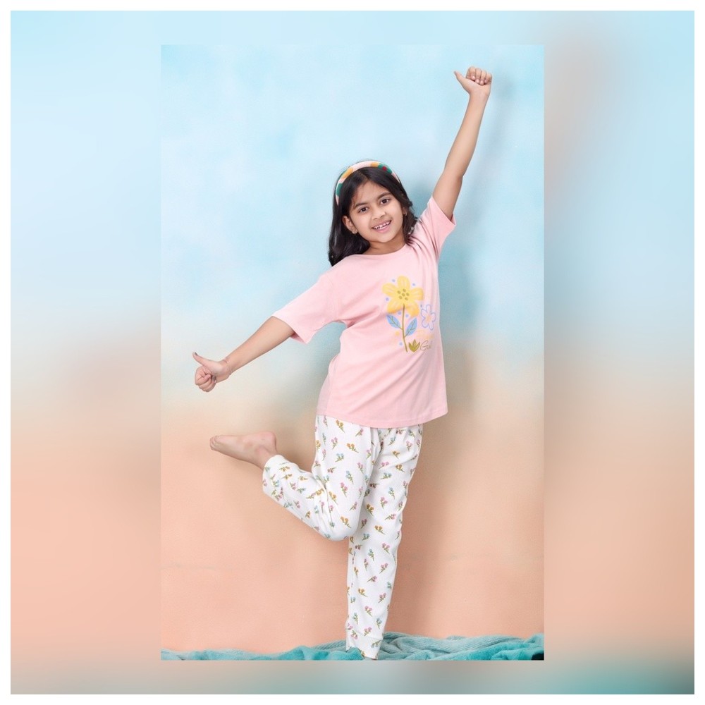 Artemea - 2pc-Set - Flower Printed Girls Premium Peach Boxy T Shirt & Floral Printed Pajama Set